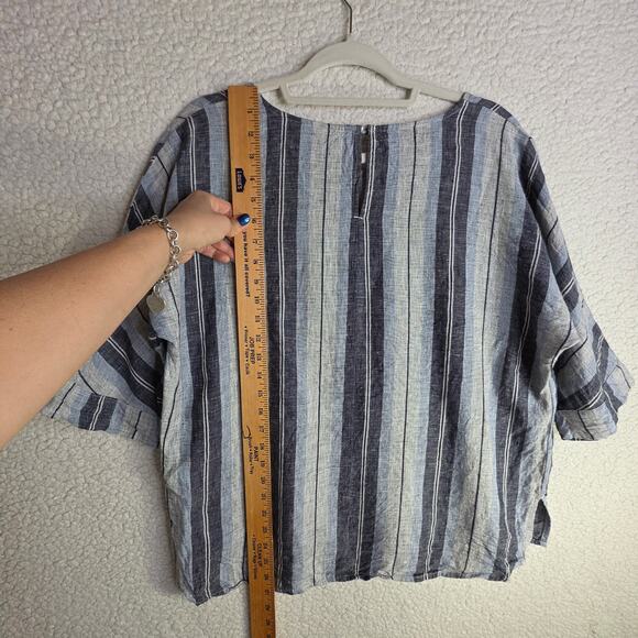 FOIL Sz8 Ws Linen Blue Gray Navy Stripes BigButtons accent Tunic Top Boho Hippie - Picture 13 of 14